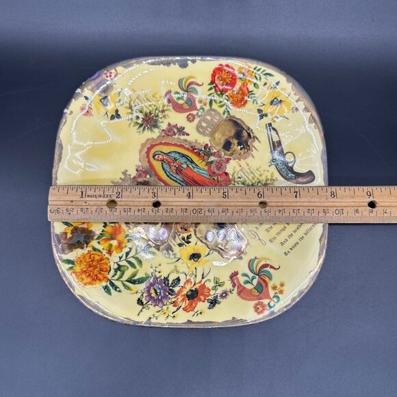 Vintage Decorative Plate Serenity Prayer Lady Of Guadalupe Skulls Floral Yellow - Picture 10 of 10